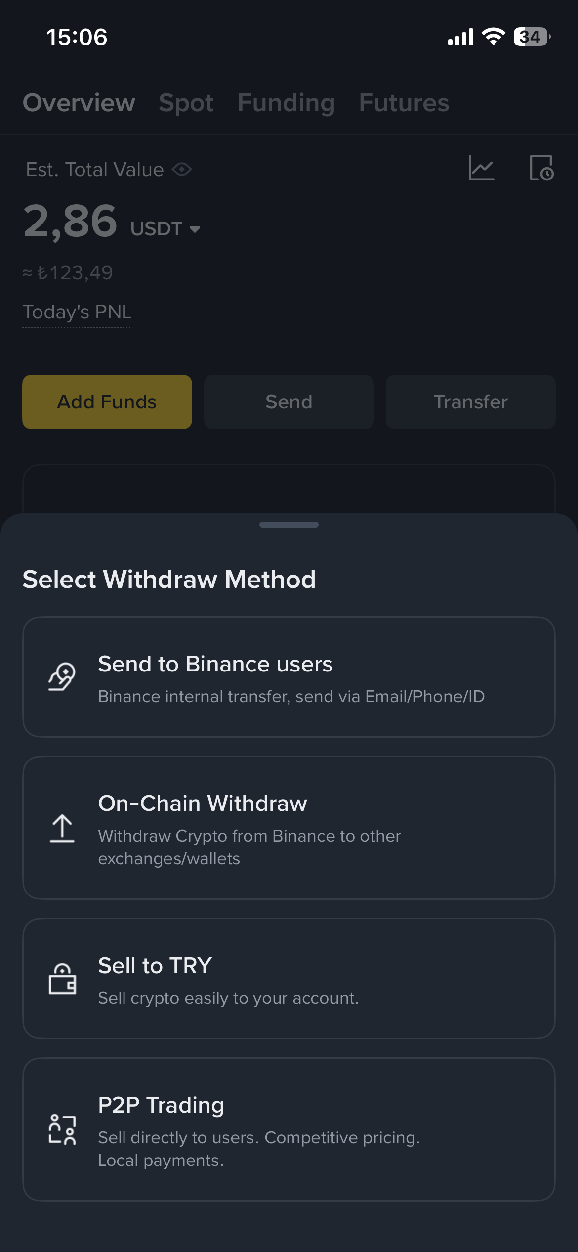 Binance Global gönderim türü seçimi