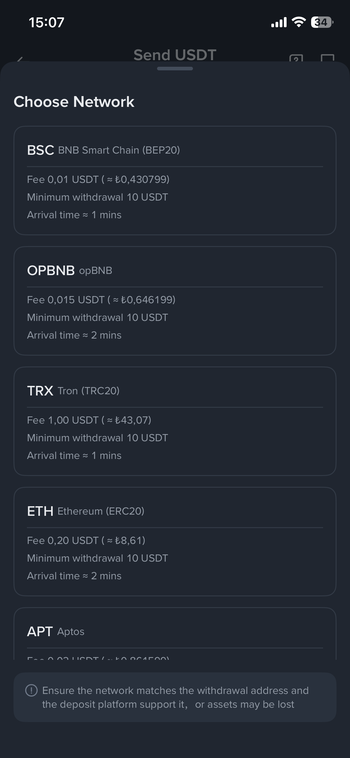 Binance Global TRC20 network seçimi