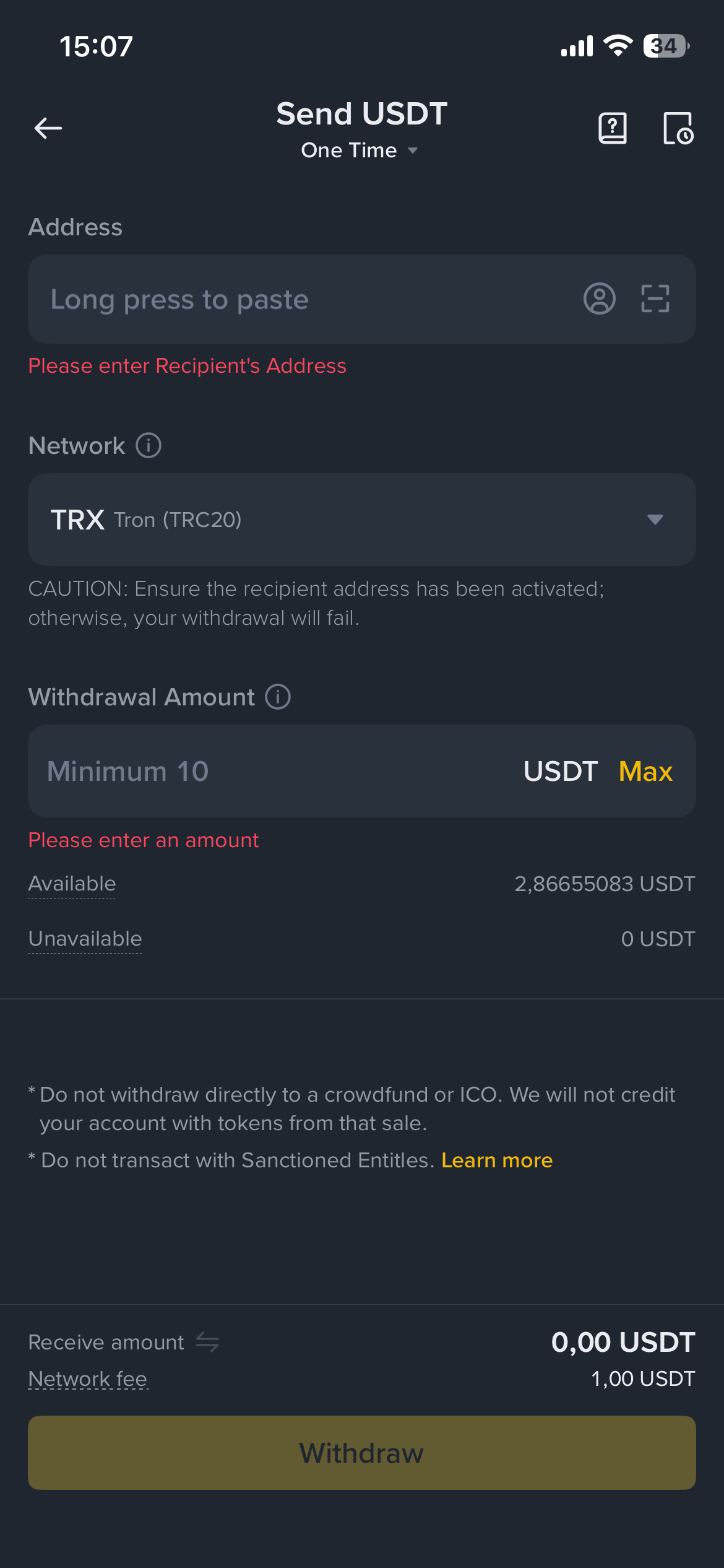 Binance Global USDT adres ve tutar girme